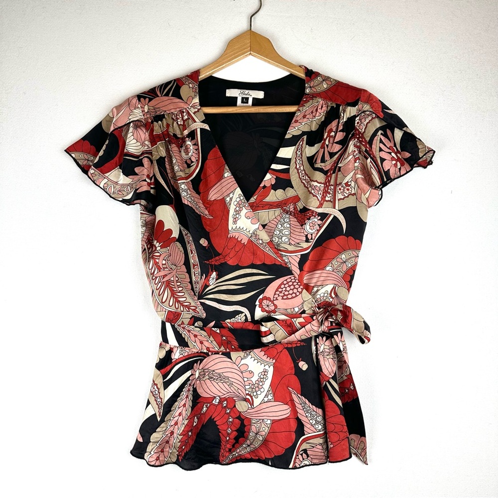 Gala‎ Silk Floral Wrap Blouse Vintage Y2K